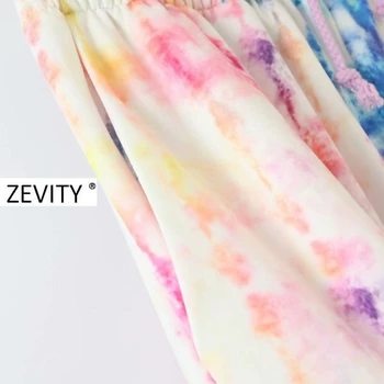 Zevity Ženy, módne farebné kravatu farbené maľovanie rovné nohavice femme elastický pás voľný čas elegantné Nohavice vrecká, nohavice P895