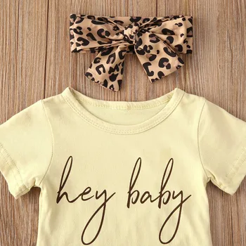 0-18 M Dieťa dievčatá kojenecká deti krátky rukáv hej baby tlač žltej Romper top Leopard šortky čelenka 3 ks letné oblečenie set