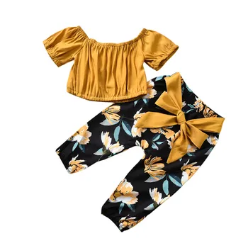 1-4Y Letné Deti, Dievčatá Oblečenie vyráža Rameno Krátke Tričká Topy+Bowknot Kvetinový Tlač Nohavice 2ks Oblečenie, Oblečenie