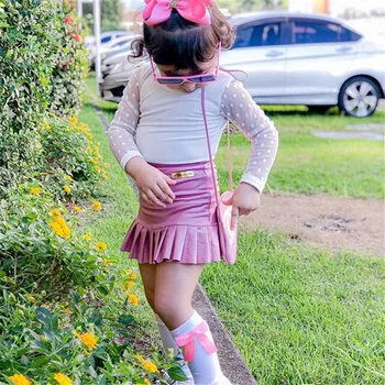 1-5Y Batoľa Dievča je 2-Dielny Oblek Vidieť-aj Keď Čipky Hore Dlhý Rukáv Tričko Princess Ružová Skladaný Mini Sukne Príležitostné Letné Dieťa Výstroj