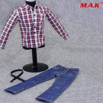 1/6 rozsahu muž muž, chlapec ležérne oblečenie model hračky červené biele kockované košele modré džínsy, nohavice pre 12