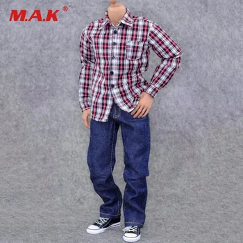 1/6 rozsahu muž muž, chlapec ležérne oblečenie model hračky červené biele kockované košele modré džínsy, nohavice pre 12