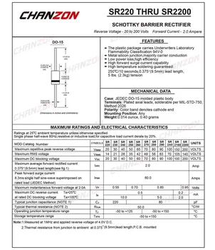 (100 Ks) SR2100 (SB2100) Schottky Barrier Usmerňovač Diódy 2A 100V DO-15 (ROBIŤ-204AC) Axiálne 2 Amp 100 Volt SR 2100
