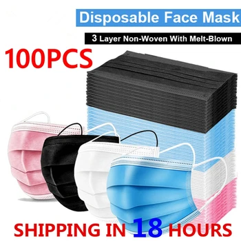 100ks 3 Vrstvy pleťové Masky Nonwove Jednorazové Filter Úst Maska Proti Prachu Bezpečné Priedušná Ochranné masky Pre Dospelých