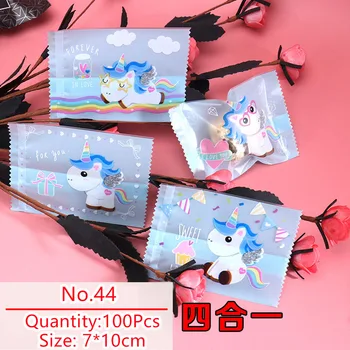 100ks/veľa Candy Bag Domáce koláčiky Farebná Karikatúra Jednorožec Svetlo Modré Vrece Nugát Strany Štyri V Jednom Občerstvenia obaly Tašky