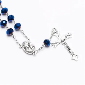 10pcs Tmavo Modré Sklenené Korálky Katolíckej Jeden-desať rokov Ruženec INRI Kríž Náramok Auto Rosaries Svätého Pôdy vo Vnútri