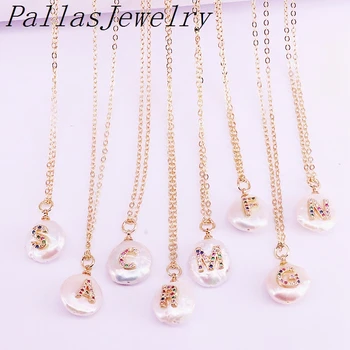 10PCS, Zlata Plné Dúhy cz micro pave list kúzlo mince sladkovodné perly perličiek náhrdelník s príveskom