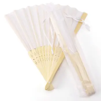 10x ventilátora v bielej hodvábnej tkaniny + bambusu s darčekovú tašku, v mušelínu na svadbu osobné tanec písanie, maľovanie