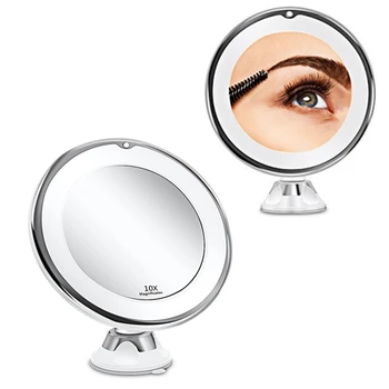 10X Zväčšovacie make-up Zrkadlo so Svetlom 360 Stupňov Rotácie Silné prísavky Prenosné LED Kozmetické Stola Kúpeľňa