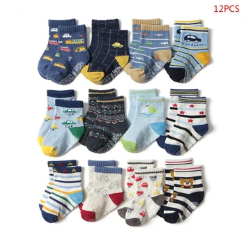 12 Pair/Súbor Batoľa, Dieťa Česanej Bavlny Ponožky Anti-slip Cartoon Poschodí Deti Chlapci Dievčatá Pohodlné Teplé Sox