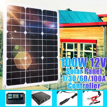 12V 100W PET Flexibilný Solárny Panel Camping Solar Power Bank Nabitia Batérie Systémy Auta Kompletné 10/30/60/100A Radič 12V 24V