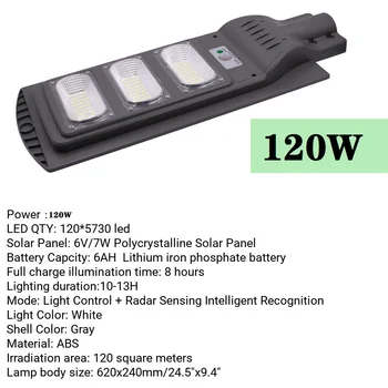 15600LM 120W Solárne Pouličné Svetlo, 120 LED, Vonkajšie Osvetlenie, Bezpečnostné Lampy Snímač Pohybu, Vodotesný IP67