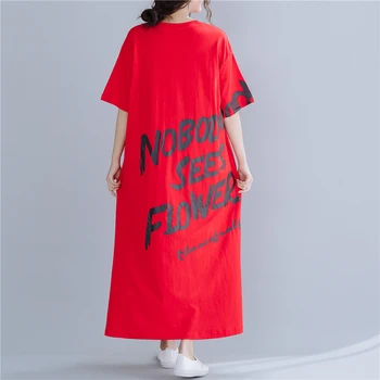 #1630 Červená Midi Šaty Ženy Krátke Rukávy List Tlačené Šaty T-shirt Voľné Bavlna Strane Split Bežné Plus Veľkosť Šaty Letné