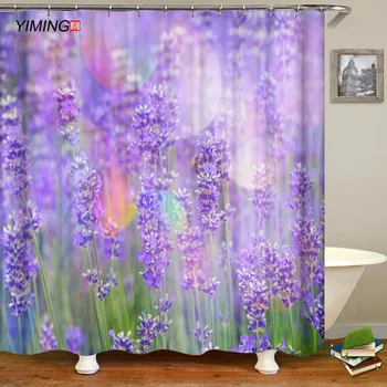 180X200cm Fialový kvet levandule pole tlač kúpeľňa opony polyester waterproof domáce dekorácie záves s hákom