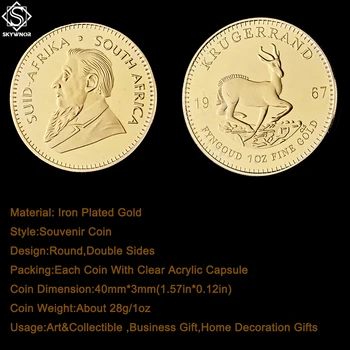 1967 Rok v Južnej Afrike 1OZ Jemné Pozlátené Krugerrand Replika Token Mince W/ Displej Akryl Kapsule
