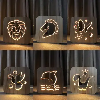1PC Tvorivé Nočné Svetlo Drevený Stôl Lampa LED USB Psa Packa Vlk Hlavy Lampy Deti Spálne Dekorácie Teplé Svetlo, Pre Deti Darček