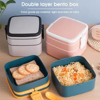 1pcs Stohovateľné Bento Lunch Box s Rukoväťou 2-Tier Obed Kontajner Mikrovlnnej rúre Tepla Lyžicou 3 Farby Štvorec a Kruh