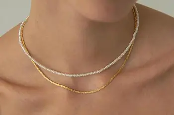 2 mm biela barokový ploché Prírodné perly choker náhrdelník zlatá spona rozšíriť reťazca sladkovodné perly Žena Šperky 35 cm 43 cm 14