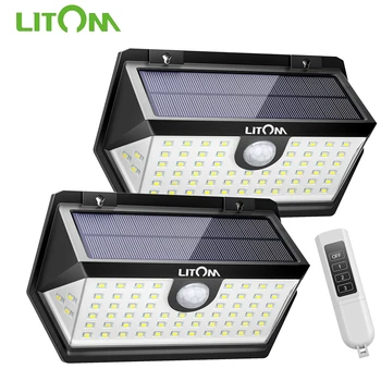 2 Pack LITOM 63 LED Solárne Svetlo Inovované PIR Snímač Solárneho Svetla s Diaľkovým ovládačom IPX7 Nepremokavé Solárne Nástenné Osvetlenie