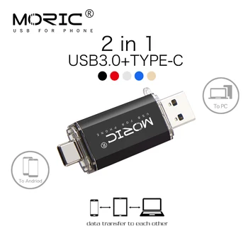 2 v 1 MORIC USB 3.0 Pero Jednotky cel u usb disku 128 gb kapacitou 256 gb 64 GB 32 GB, 16 GB флешка USB OTG USB Flash Disk pre Typ C