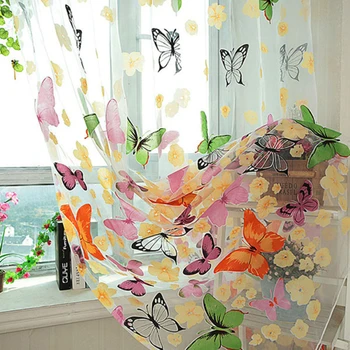 200*95 cm Romantický Motýľ Priehľadné Záclony Tylu Casement Dvere Vytlačené Okno Opony Úplnej Voile Opony Drop Shipping