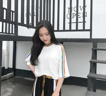 2017 Lete kórejský Rainbow Prekladané Krátke Štýl-Krátke rukávy T-shirt Ženy Topy