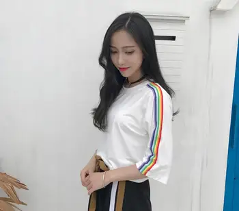 2017 Lete kórejský Rainbow Prekladané Krátke Štýl-Krátke rukávy T-shirt Ženy Topy