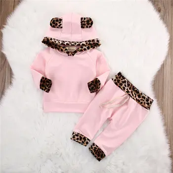 2018 Baby Dievčatá Oblečenie Nastaviť Deti Oblečenie na Jeseň Leopard Top+Ružové Nohavičky s Dlhým Rukávom s Kapucňou, 0-24M Deti Oblečenie