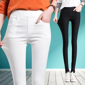 2018 denim chudý, vysoký pás džínsy žien čiernej a bielej úsek Slim čierna ceruzka nohavice nosiť žena