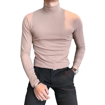 2019 Jesenné A Zimné pánske jednofarebné Self-pestovanie Klesnutie Tričko Pol-vysoká kórejská Verzia Fleece Golier T-shirt