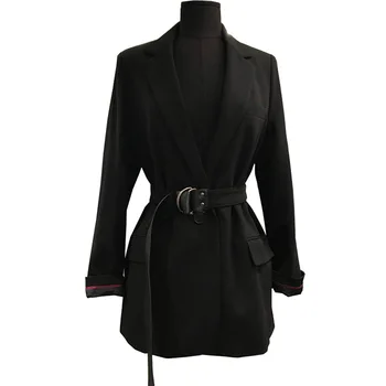 2019 Jeseň kórejský Sako Ženy Bežné Pás Ženský Vintage Sako Coats OL Office Lady Dlhý Rukáv, Čierna Bunda Coats