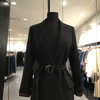 2019 Jeseň kórejský Sako Ženy Bežné Pás Ženský Vintage Sako Coats OL Office Lady Dlhý Rukáv, Čierna Bunda Coats