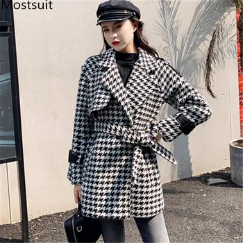 2019 Jeseň Zima Ženy kórejský Houndstooth Vlna Bundy Kabáty Pás Plus Veľkosť Dlhý Rukáv Zase dole Golier Módne Žena Coats