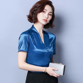 2019 letné módy V krku ženy Office Lady elegantné krátke blúzka elegantné krátke blúzka Slim fit plus veľkosť ženy topy 3430 50