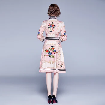 2019 Leto, Jeseň Fashion Dráhy Dlhý Rukáv Šaty Žien Bowknot Klope Multicolor Kvetinový Tlač Vintage Elegantné Šaty
