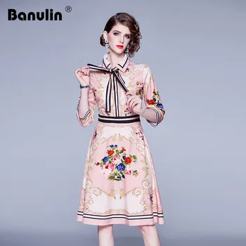 2019 Leto, Jeseň Fashion Dráhy Dlhý Rukáv Šaty Žien Bowknot Klope Multicolor Kvetinový Tlač Vintage Elegantné Šaty