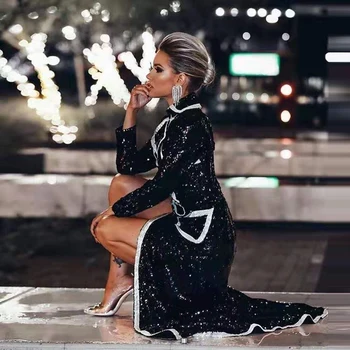 2019 novej dámskej módy bunda sexy čiernymi flitrami tvaru dlhé rukávy double-breasted dlhá srsť žien dlhým rukávom windbreake