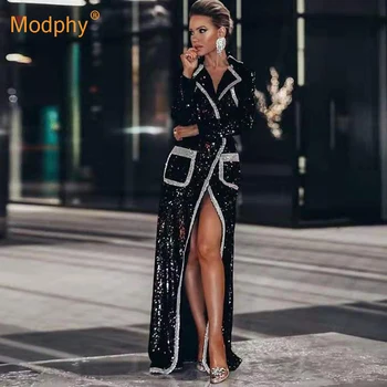 2019 novej dámskej módy bunda sexy čiernymi flitrami tvaru dlhé rukávy double-breasted dlhá srsť žien dlhým rukávom windbreake