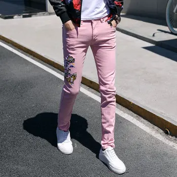 2019 nové mládež nízkym pásom farba sexy trend nudné výšivky ružový kvet džínsy mužských študentov štíhle nohy nohavice