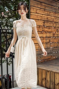 2019 nové módne dámske šaty Marhuľový krajky-krátke rukávy šaty francúzske retro