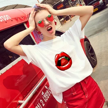2019 Nové módne tričko Ženy Sexy pery vytlačené Tričko Harajuku Tenké Časti Biele Topy Žena Krátke sleeve T-shirt oblečenie