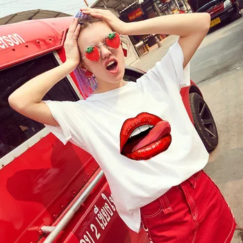 2019 Nové módne tričko Ženy Sexy pery vytlačené Tričko Harajuku Tenké Časti Biele Topy Žena Krátke sleeve T-shirt oblečenie