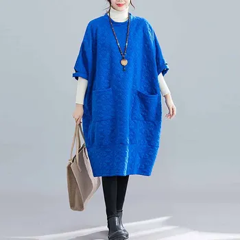 2019 Nové Zimné Ženy Šaty Nadrozmerná Bavlna Žena Lady Šaty Plus Veľkosť Elegantné Kvety Vrecká Veľká Veľkosť Voľné Šaty Vestidos