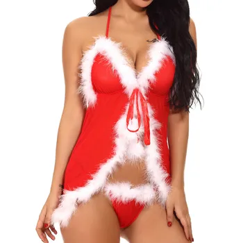 2019 Nové Ženy Sexy Vianočné Babydoll Červená Podprsenka G-string Červená spodná Bielizeň spodné Prádlo, Erotické Vidieť Cez Sleepwear Šaty