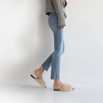 2019 nový kórejský módne bod ploché dno Fleece papuče Ísť von a zachyťte a presuňte žien obuv Kožušiny topánky na jeseň a v zime