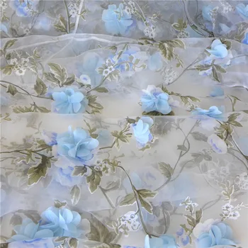 2019 Nový Príchod Organza Čipky Textílie 3D Šifón Rozetu Kvety Appliques Pre Afriku Šaty Textílie 1 Yard Fialová Prašnom Ružová