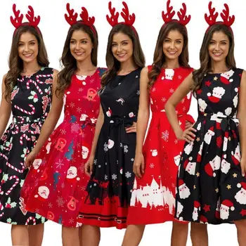 2019 Plus Veľkosť Žena Vintage Šaty Vianoce Retro Santa Vianočné Tlačené O-Krku Bez Rukávov Swing Šaty, Sexy Ženy, Teplé Oblečenie