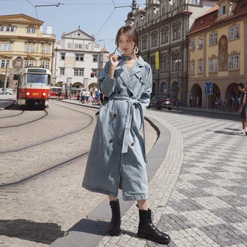 2019 Pád Nové Denim Ženy Výkopu Coats Dlhý Rukáv Retro Kórejský Módne Bežné Elegantné Dámy Dlhý Plášť Streetwear Oblečenie