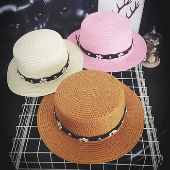 2019 Rodič-dieťa jednoduchý Kvet Pás letný klobúk Šitie farba Pláži slamy slnko čiapky pre ženy letné štýl klobúk dievča