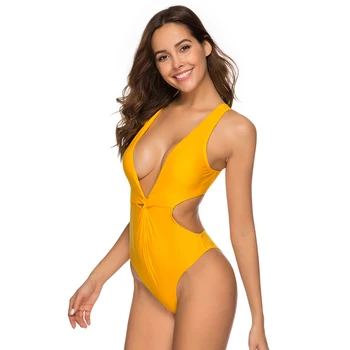 2019 Sexy Jednodielne Plavky, Plavky Ženy Kombinézu Remeň Žlté Plavky Vintage Pláž Nosiť Vystrihnúť Celých Plaviek